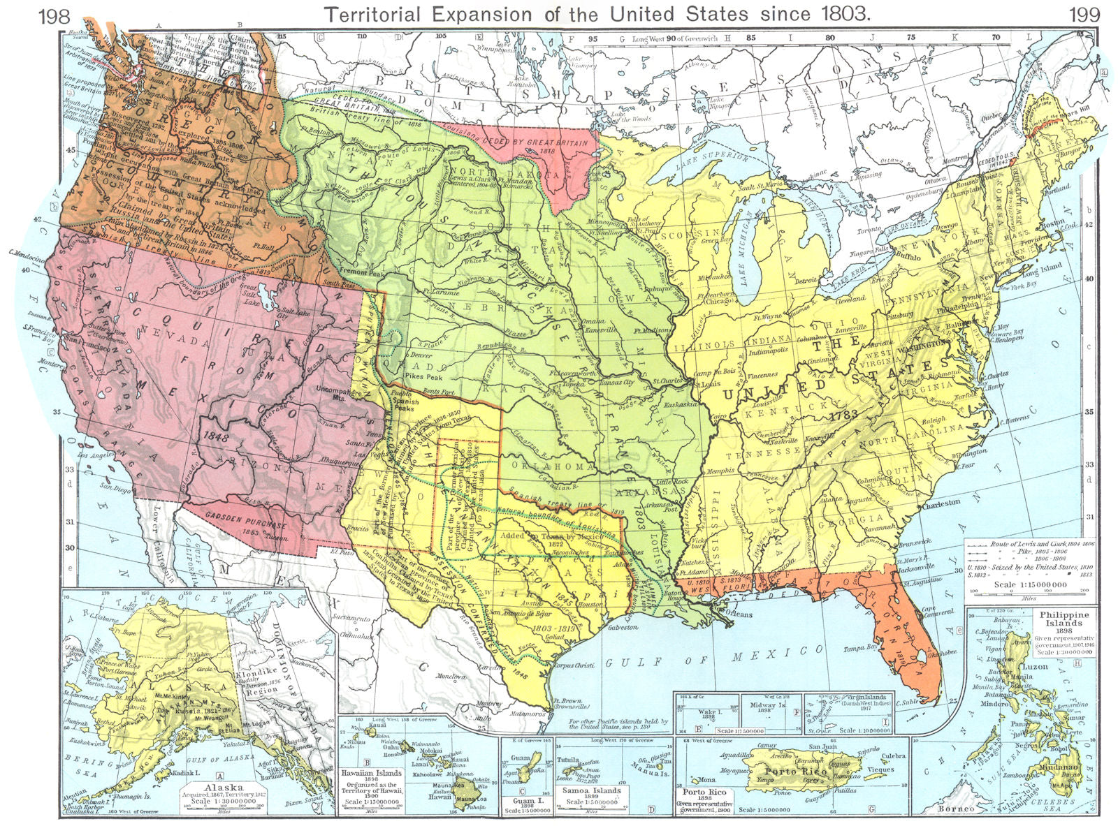 USA. Territorial growth from 1803 Alaska Hawaii Guam Samoa Puerto Rico 1956 map